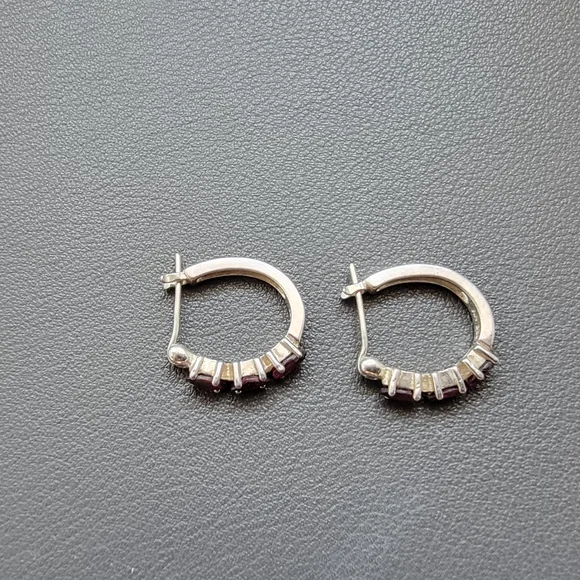 Sterling Silver Garnet Hoop Earrings – Marked 925 NV - Picture 3 of 7
